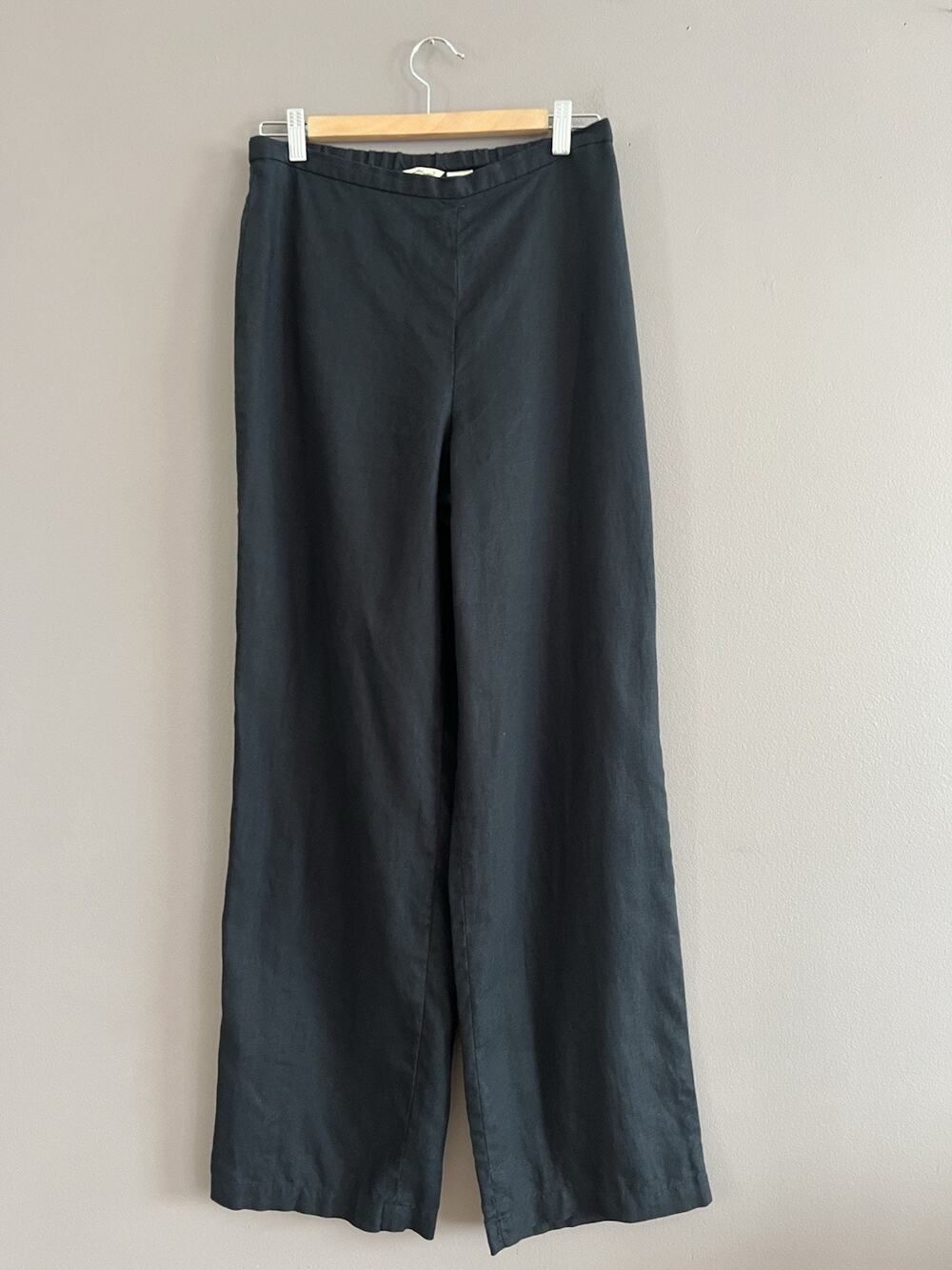 Eddie Bauer Linen Pants Womens 10 Black Side Zip Button Elastic Waist Hight Rise